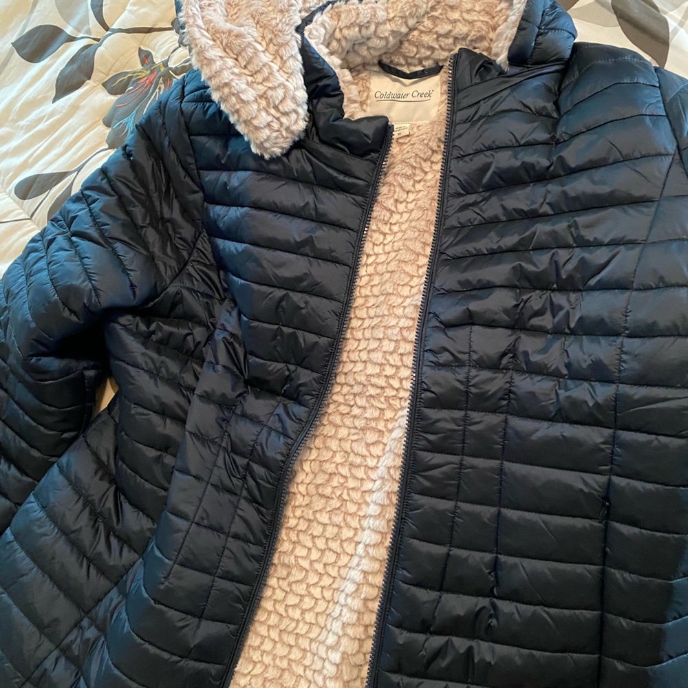 Coldwater Creek, dark teal, XL hooded jacket with faux sheepskin lining. New!